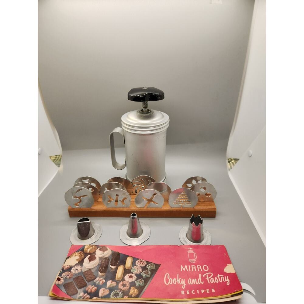 Vintage Mirro Cookie and Pastry Set Recipe Book 12 Plates 3 Tips Aluminum Press